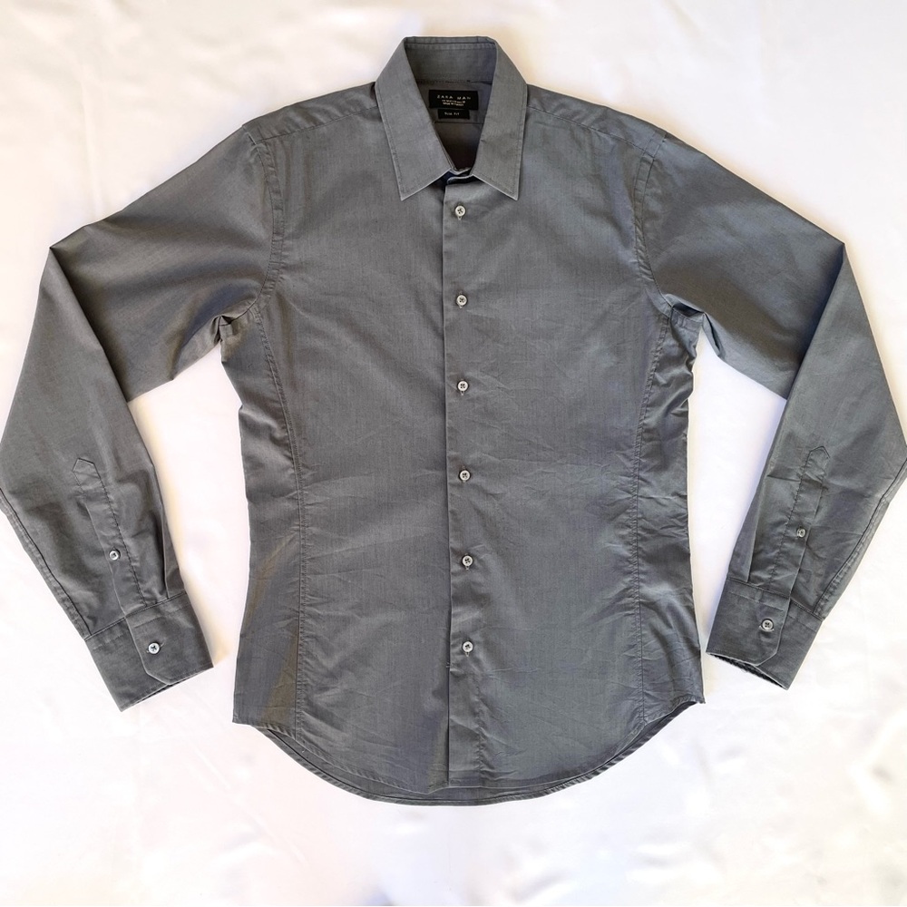 Zara Man Slim Fit Gray Button Up Men's Dress Shirt